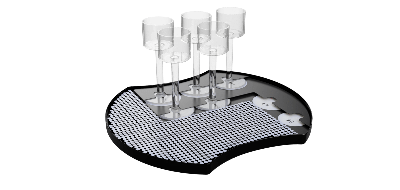 Image of cad render of tray holding wine glasses in racks